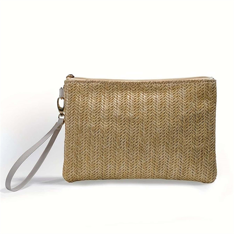 Damska clutch torbica od slame, horizontalni kvadratni oblik, zatvarač, poliester podstava, odvojiva ručka