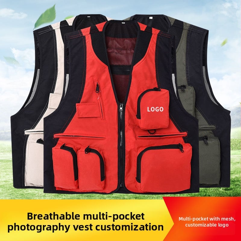 Εξωτερικό γιλέκο με πολλαπλές τσέπες, αδιάβροχο, με λογότυπο, φερμουάρ, χωρίς κουκούλα, χαλαρή γραμμή