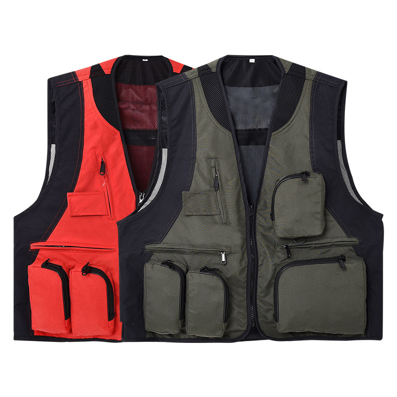 Εξωτερικό γιλέκο με πολλαπλές τσέπες, αδιάβροχο, με λογότυπο, φερμουάρ, χωρίς κουκούλα, χαλαρή γραμμή