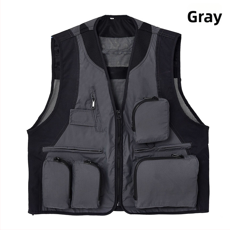 Εξωτερικό γιλέκο με πολλαπλές τσέπες, αδιάβροχο, με λογότυπο, φερμουάρ, χωρίς κουκούλα, χαλαρή γραμμή