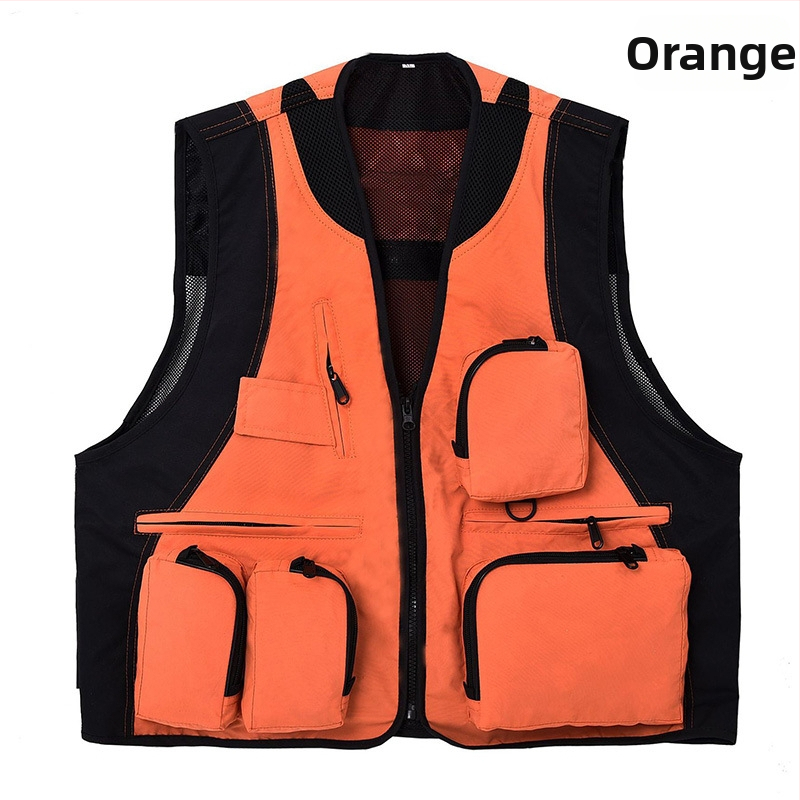 Εξωτερικό γιλέκο με πολλαπλές τσέπες, αδιάβροχο, με λογότυπο, φερμουάρ, χωρίς κουκούλα, χαλαρή γραμμή