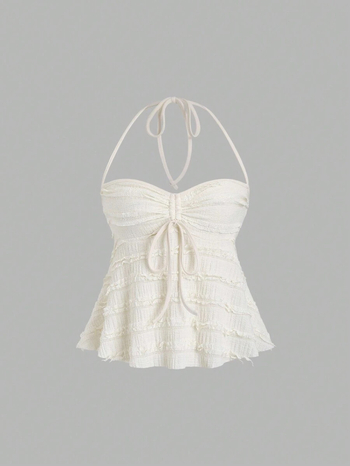 Top s čipkou, halter výstrih, voľný strih, krátka dĺžka, polyestrová látka, Leto 2025