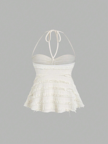 Top s čipkou, halter výstrih, voľný strih, krátka dĺžka, polyestrová látka, Leto 2025