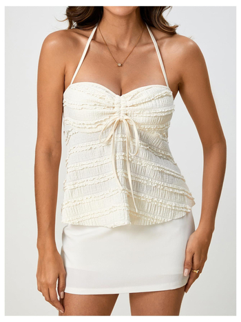 Top s čipkou, halter výstrih, voľný strih, krátka dĺžka, polyestrová látka, Leto 2025