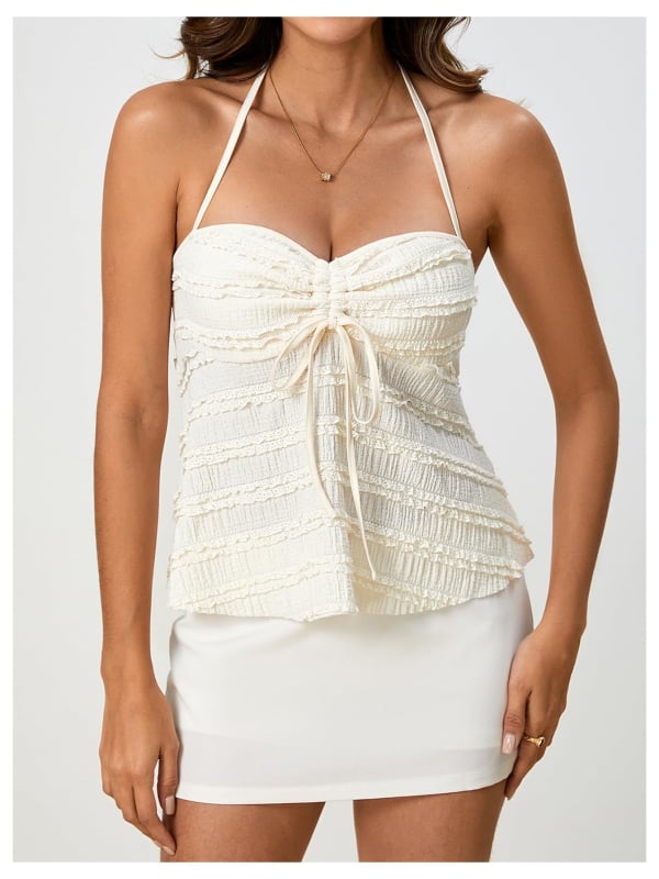 Top s čipkou, halter výstrih, voľný strih, krátka dĺžka, polyestrová látka, Leto 2025