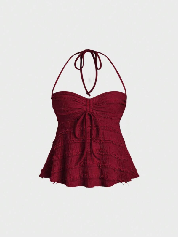 Top s čipkou, halter výstrih, voľný strih, krátka dĺžka, polyestrová látka, Leto 2025