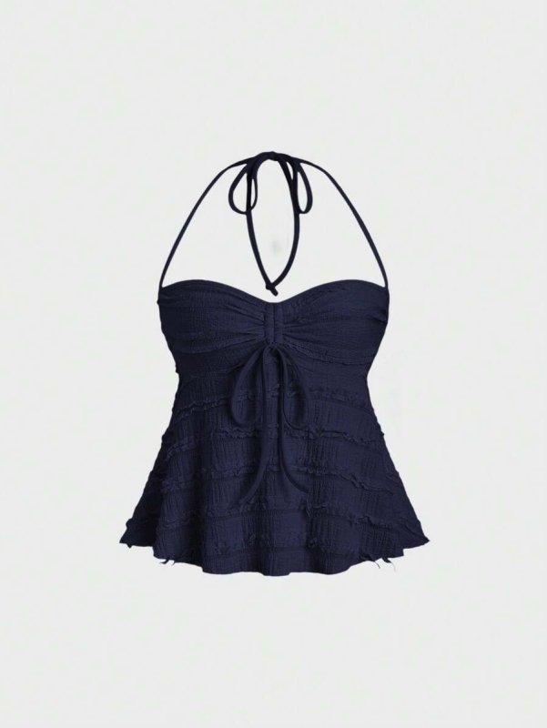 Top s čipkou, halter výstrih, voľný strih, krátka dĺžka, polyestrová látka, Leto 2025