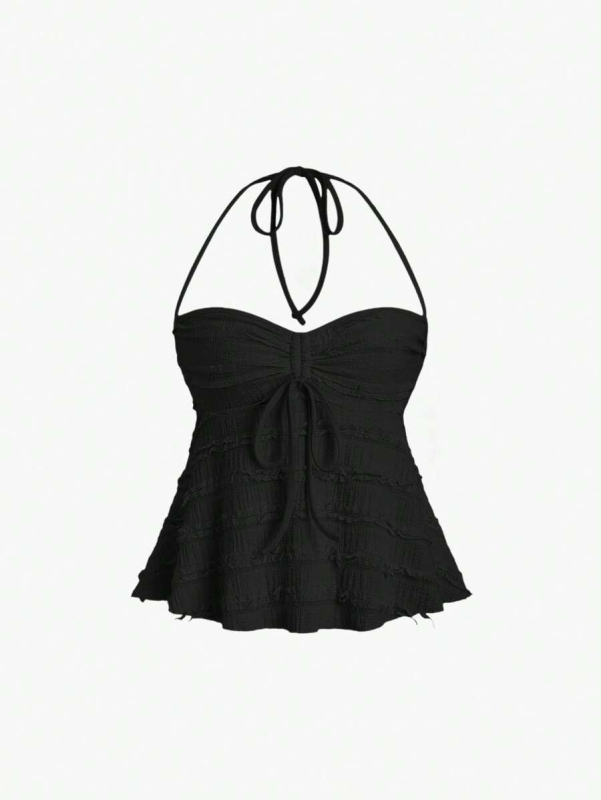 Top s čipkou, halter výstrih, voľný strih, krátka dĺžka, polyestrová látka, Leto 2025