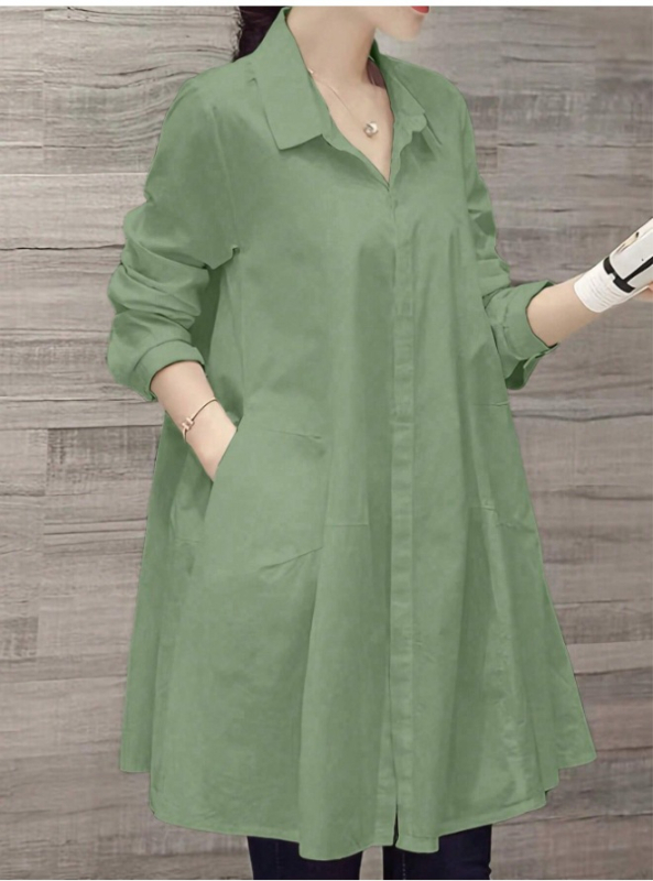 Dámska šifónová košeľa z polyesteru, dlhé rukávy, voľný strih, košeľový golier, dĺžka 80-100 cm, japonsko-kórejský pohodový štýl.