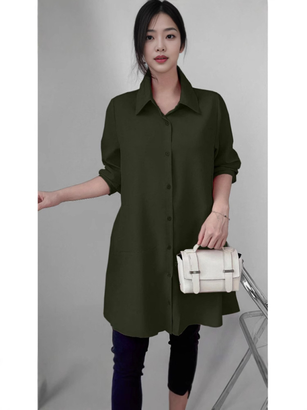 Dámska šifónová košeľa z polyesteru, dlhé rukávy, voľný strih, košeľový golier, dĺžka 80-100 cm, japonsko-kórejský pohodový štýl.