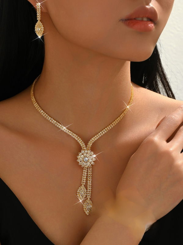 Σετ κοσμημάτων με ζιρζόνια: σκουλαρίκια, κολιέ και βραχιόλι με κανονική αλυσίδα, μοτίβο αστεριών και σελήνης, για γυναίκες