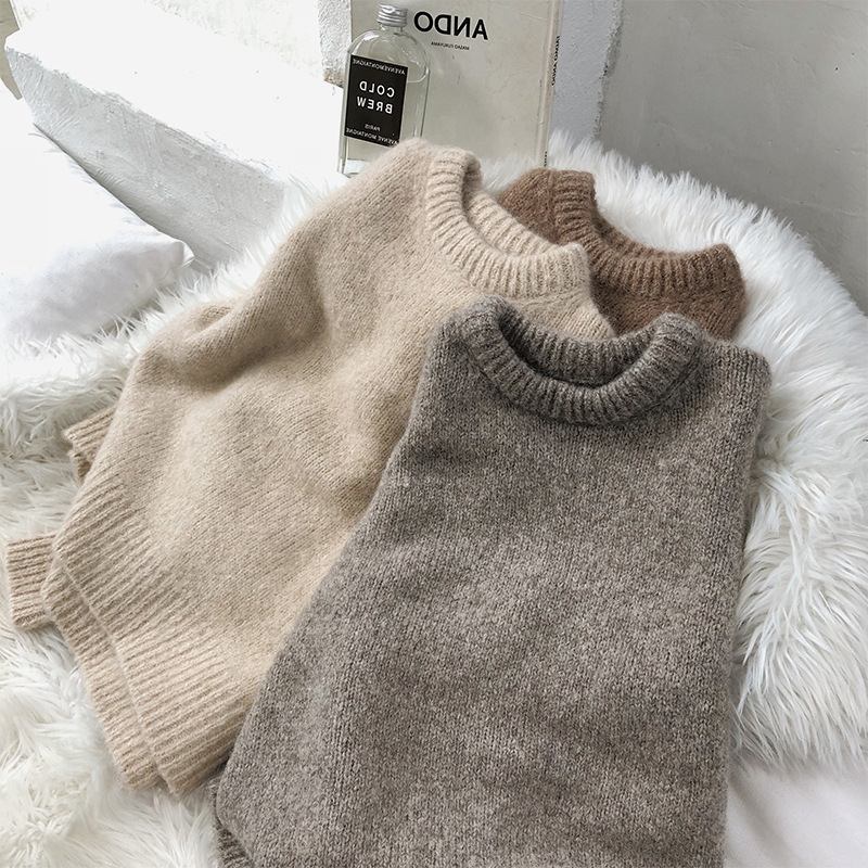Ženski pulover, korejski stil, ležeran kroj, okrugli izrez, dugi rukavi