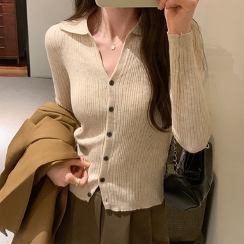 Cardigan tricotat pentru femei, guler polo, mâneci lungi, croială slim, culoare solidă, din fibră de viscose