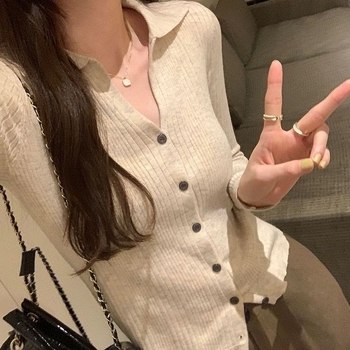 Cardigan tricotat pentru femei, guler polo, mâneci lungi, croială slim, culoare solidă, din fibră de viscose