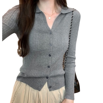 Cardigan tricotat pentru femei, guler polo, mâneci lungi, croială slim, culoare solidă, din fibră de viscose