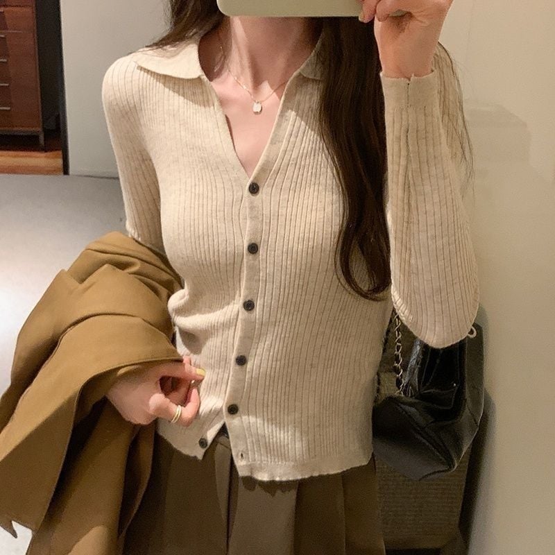 Cardigan tricotat pentru femei, guler polo, mâneci lungi, croială slim, culoare solidă, din fibră de viscose