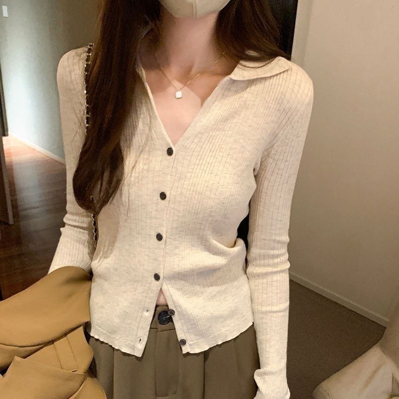 Cardigan tricotat pentru femei, guler polo, mâneci lungi, croială slim, culoare solidă, din fibră de viscose