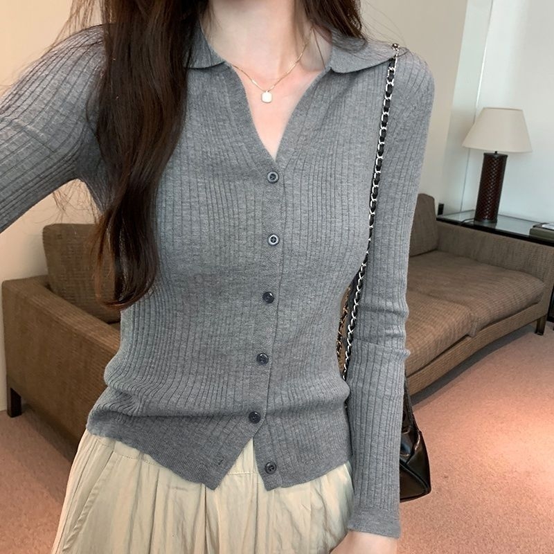 Cardigan tricotat pentru femei, guler polo, mâneci lungi, croială slim, culoare solidă, din fibră de viscose