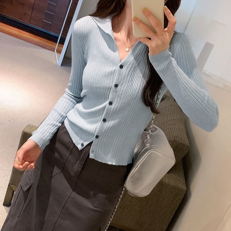 Cardigan tricotat pentru femei, guler polo, mâneci lungi, croială slim, culoare solidă, din fibră de viscose