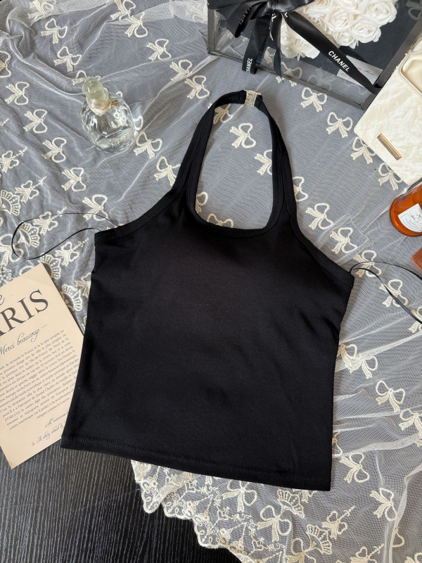 Pamučni cami halter s ugrađenim grudnjakom, duljina struka, srednji oblik košarice, fiksna košarica, korejski stil