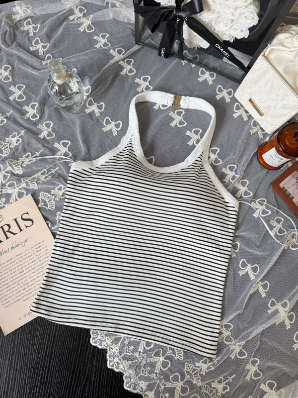 Pamučni cami halter s ugrađenim grudnjakom, duljina struka, srednji oblik košarice, fiksna košarica, korejski stil