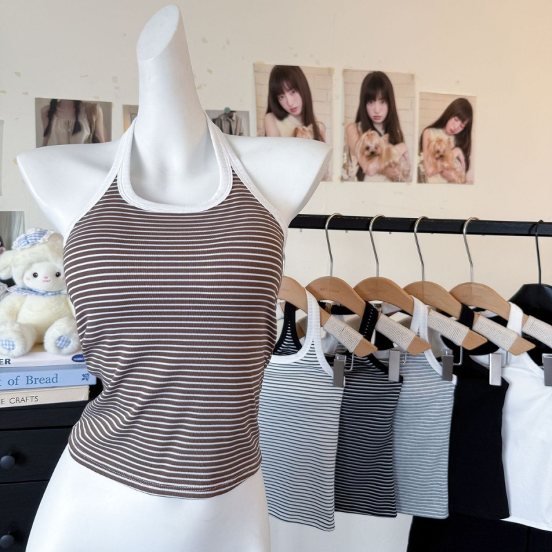 Pamučni cami halter s ugrađenim grudnjakom, duljina struka, srednji oblik košarice, fiksna košarica, korejski stil