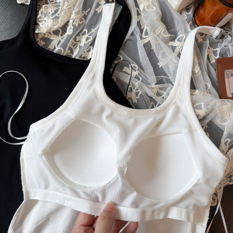 Pamučni cami halter s ugrađenim grudnjakom, duljina struka, srednji oblik košarice, fiksna košarica, korejski stil