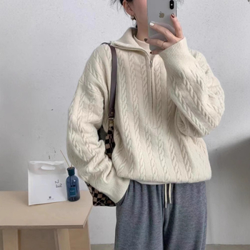 Ženski pleteni pulover s Twist uzorkom, visoki ovratnik, dugi rukavi, slobodan kroj, korejski stil, jesen-zima