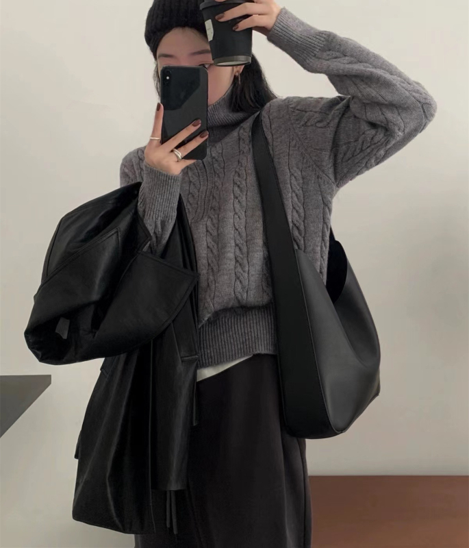 Ženski pleteni pulover s Twist uzorkom, visoki ovratnik, dugi rukavi, slobodan kroj, korejski stil, jesen-zima