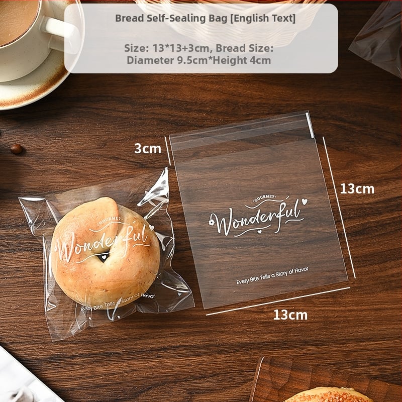 Pungă de ambalat pâine, transparentă, auto-adezivă, de unică folosință; tip de închidere: sigilare; aproximativ 100 bucăți pe pachet; origine: Zhejiang, China; material: OPP