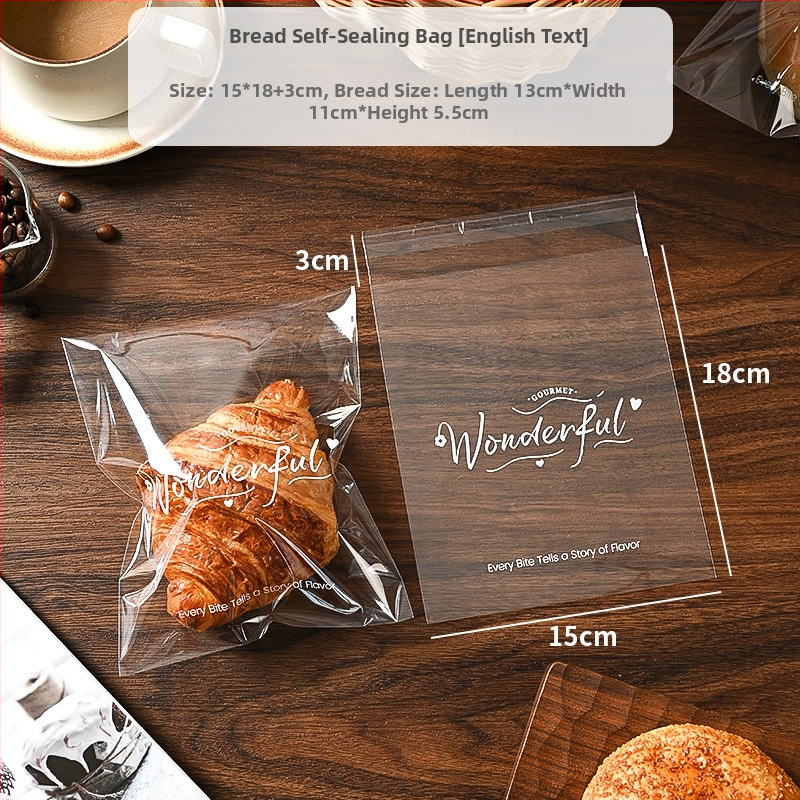 Pungă de ambalat pâine, transparentă, auto-adezivă, de unică folosință; tip de închidere: sigilare; aproximativ 100 bucăți pe pachet; origine: Zhejiang, China; material: OPP