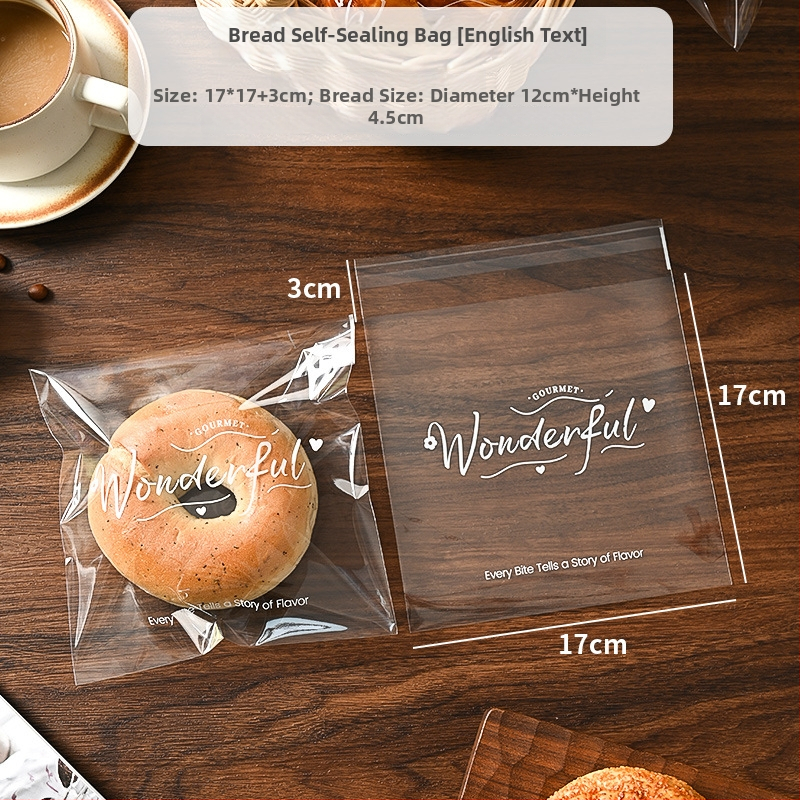 Pungă de ambalat pâine, transparentă, auto-adezivă, de unică folosință; tip de închidere: sigilare; aproximativ 100 bucăți pe pachet; origine: Zhejiang, China; material: OPP