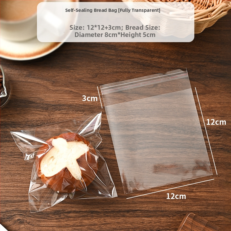 Pungă de ambalat pâine, transparentă, auto-adezivă, de unică folosință; tip de închidere: sigilare; aproximativ 100 bucăți pe pachet; origine: Zhejiang, China; material: OPP