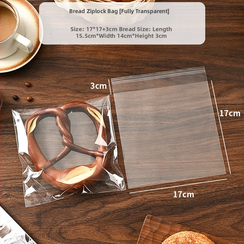 Pungă de ambalat pâine, transparentă, auto-adezivă, de unică folosință; tip de închidere: sigilare; aproximativ 100 bucăți pe pachet; origine: Zhejiang, China; material: OPP