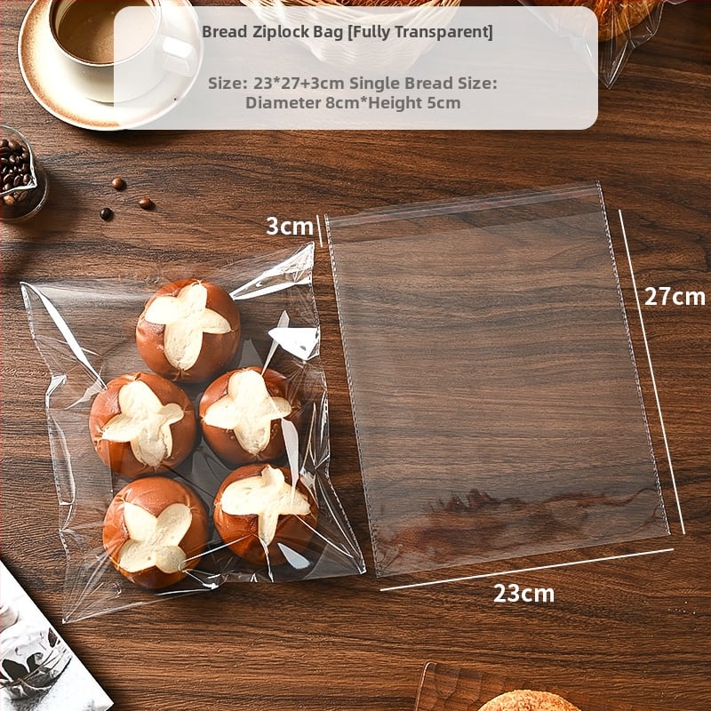 Pungă de ambalat pâine, transparentă, auto-adezivă, de unică folosință; tip de închidere: sigilare; aproximativ 100 bucăți pe pachet; origine: Zhejiang, China; material: OPP