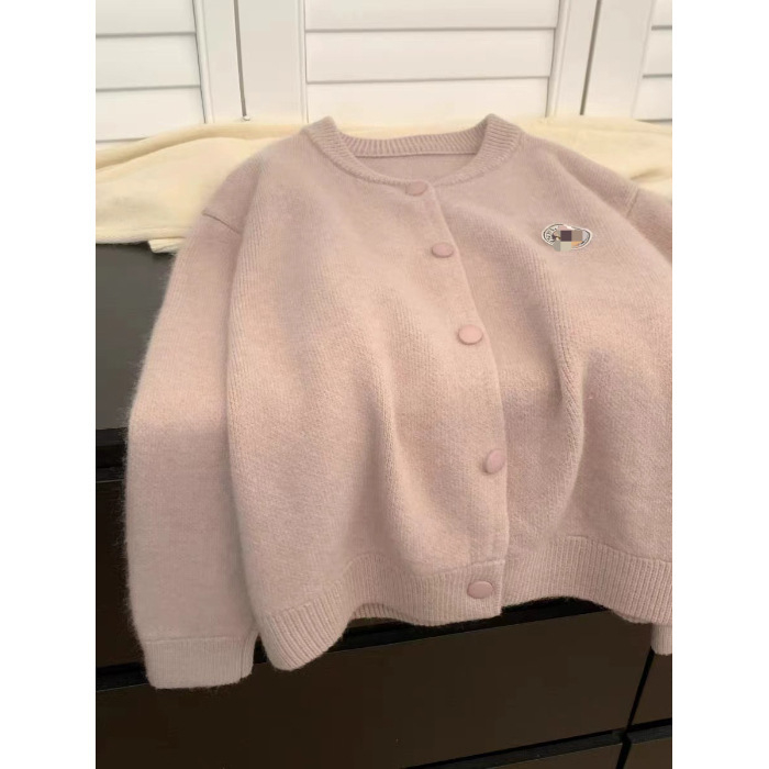 Medve motívum hímzett kardigán pulóver, kerek nyakú, vastag kötött, hosszú ujjú, 70–80% spandex, <30% poliészter