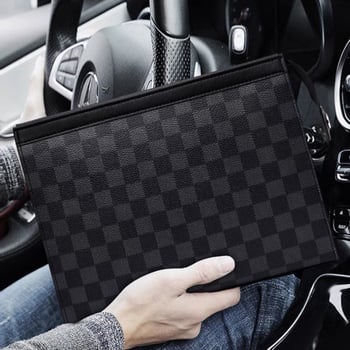 Geantă clutch din piele pentru bărbați, model în carouri - Street fashion, Piele naturală de vițel, căptușeală poliester, Mini Dragon