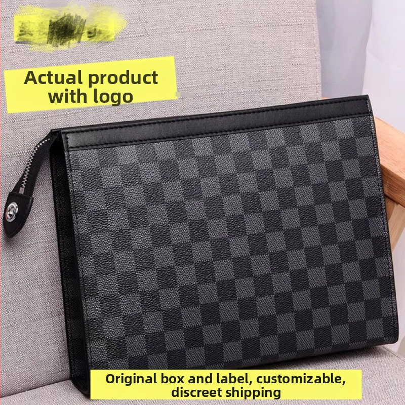 Geantă clutch din piele pentru bărbați, model în carouri - Street fashion, Piele naturală de vițel, căptușeală poliester, Mini Dragon