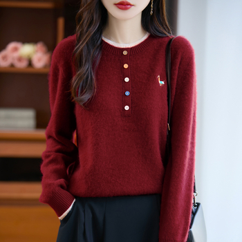 Női 100% gyapjú pulóver, kerek nyakú, színben harmonizált kötött, vastag, faux két részes dizájn