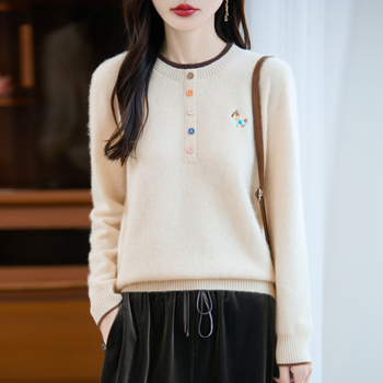 Női 100% gyapjú pulóver, kerek nyakú, színben harmonizált kötött, vastag, faux két részes dizájn