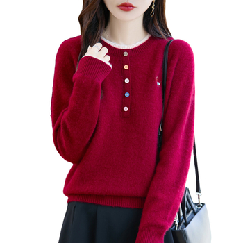 Női 100% gyapjú pulóver, kerek nyakú, színben harmonizált kötött, vastag, faux két részes dizájn