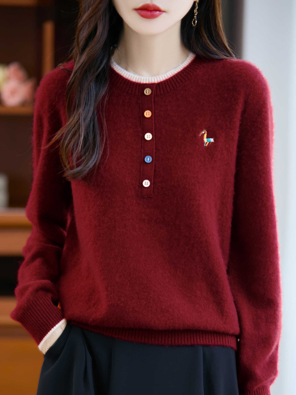 Női 100% gyapjú pulóver, kerek nyakú, színben harmonizált kötött, vastag, faux két részes dizájn