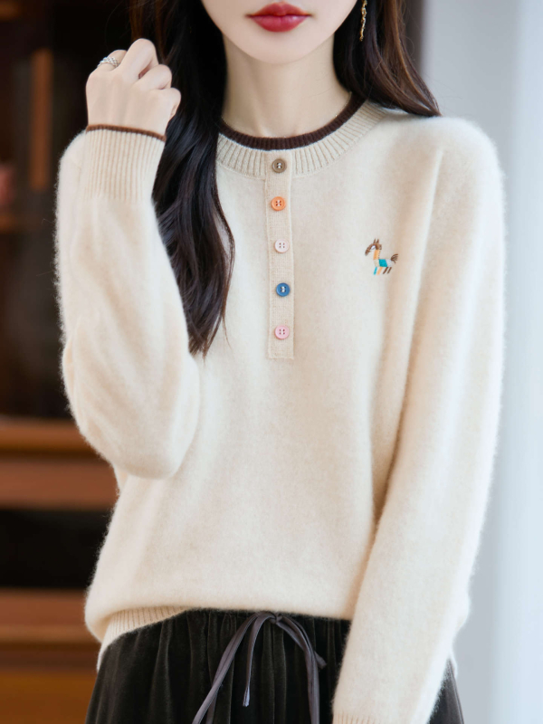 Női 100% gyapjú pulóver, kerek nyakú, színben harmonizált kötött, vastag, faux két részes dizájn