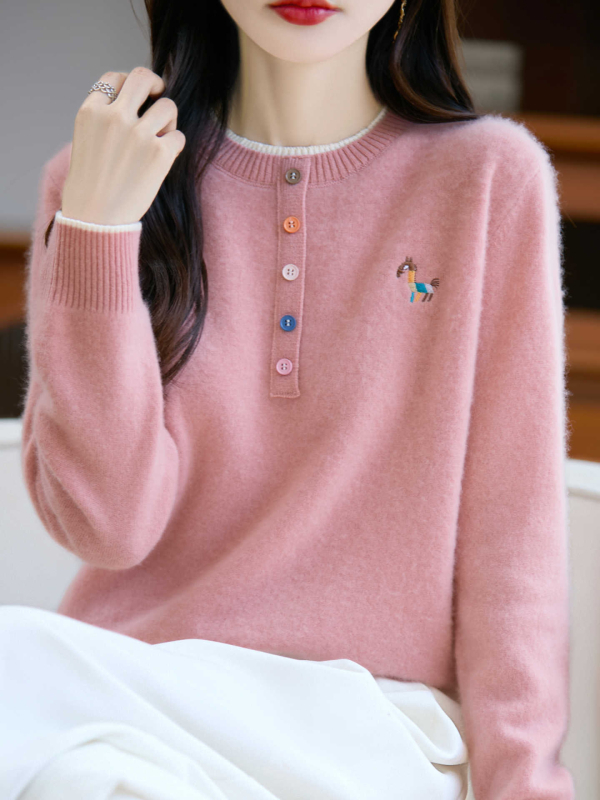 Női 100% gyapjú pulóver, kerek nyakú, színben harmonizált kötött, vastag, faux két részes dizájn