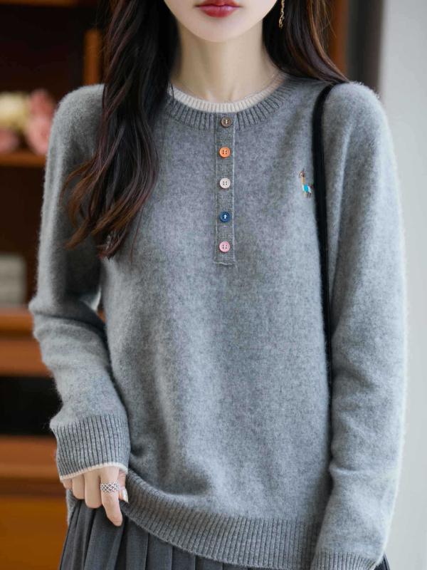 Női 100% gyapjú pulóver, kerek nyakú, színben harmonizált kötött, vastag, faux két részes dizájn