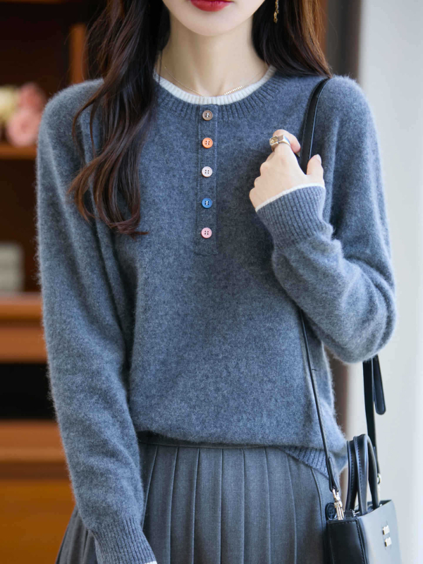 Női 100% gyapjú pulóver, kerek nyakú, színben harmonizált kötött, vastag, faux két részes dizájn