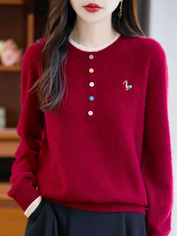 Női 100% gyapjú pulóver, kerek nyakú, színben harmonizált kötött, vastag, faux két részes dizájn