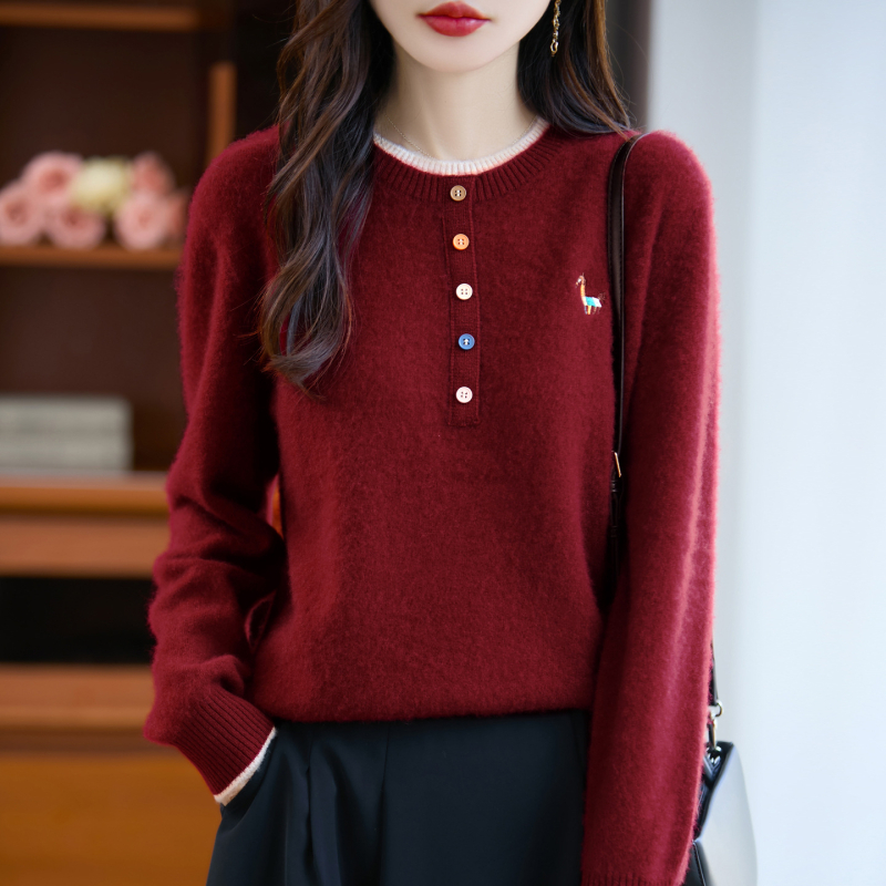 Női 100% gyapjú pulóver, kerek nyakú, színben harmonizált kötött, vastag, faux két részes dizájn