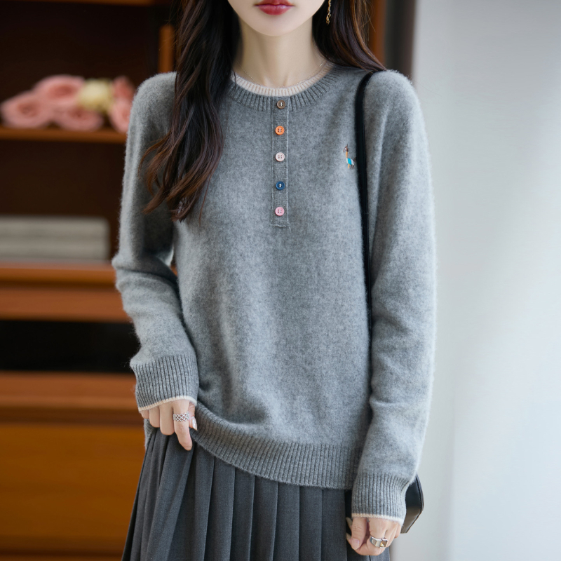 Női 100% gyapjú pulóver, kerek nyakú, színben harmonizált kötött, vastag, faux két részes dizájn