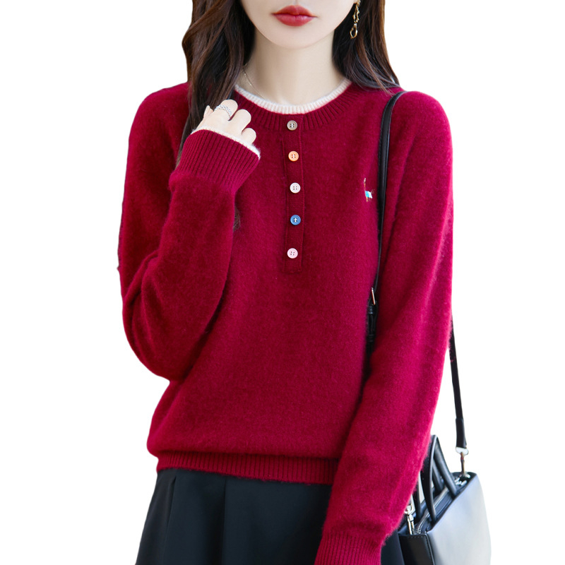 Női 100% gyapjú pulóver, kerek nyakú, színben harmonizált kötött, vastag, faux két részes dizájn